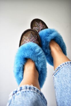Turquoise Sheepskin Moccasin Slippers