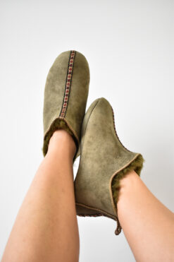 Miko Olive Sheepskin Slippers/ Yoga Shoes/ Embroidered Trim