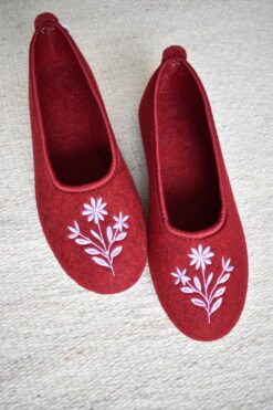 Wool Ballerina Slippers  - Burgundy/ Pink Flower