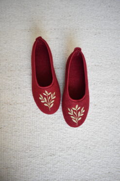 Wool Ballerina Slippers - Burgundy/ Green Leaves