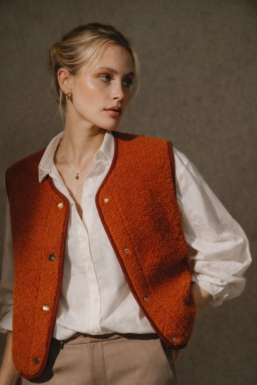 Boxy Snap Button Merino Wool Gilet HOPE - Burnt Orange