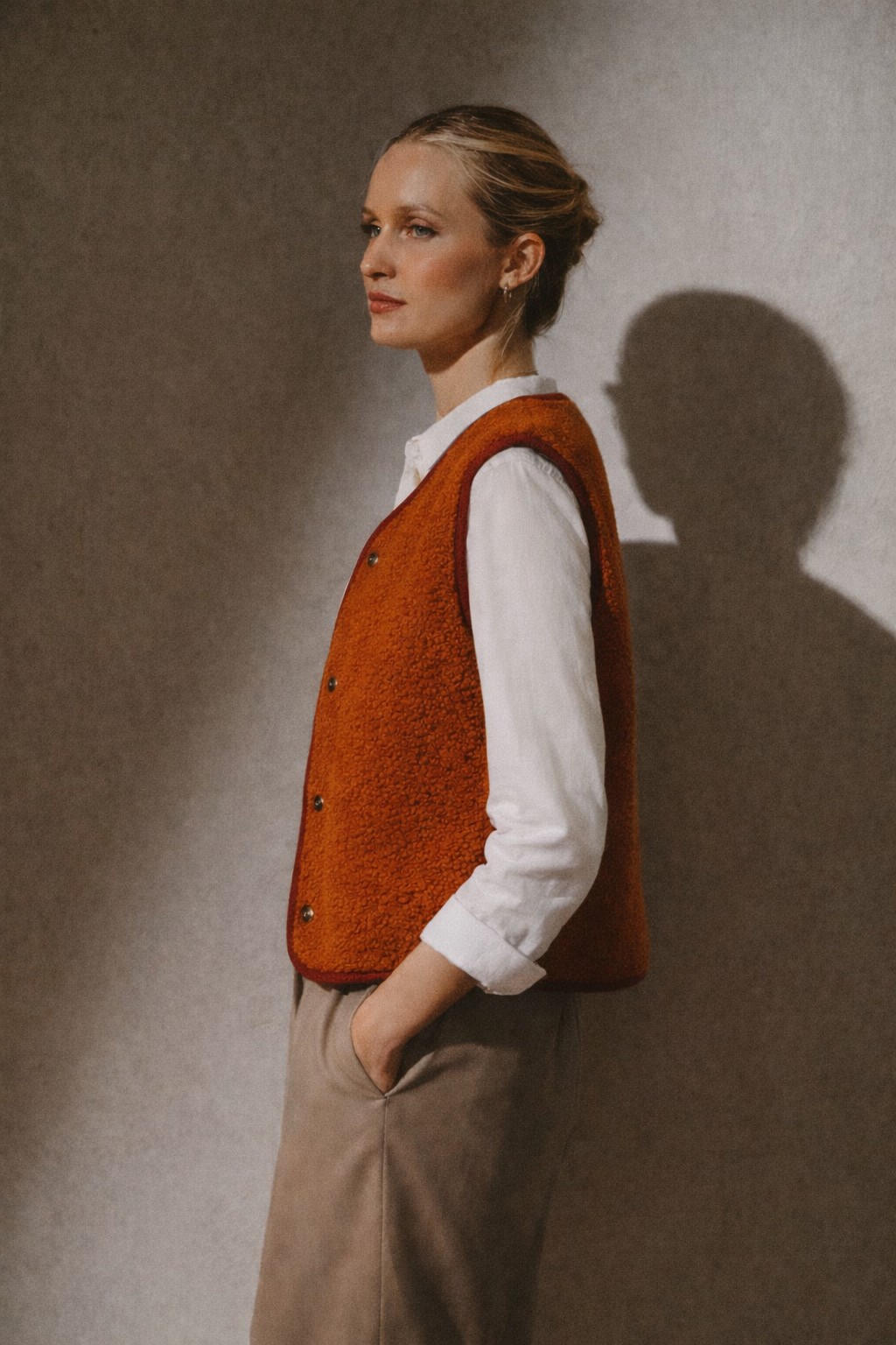 Boxy Snap Button Merino Wool Gilet HOPE - Burnt Orange - Image 2