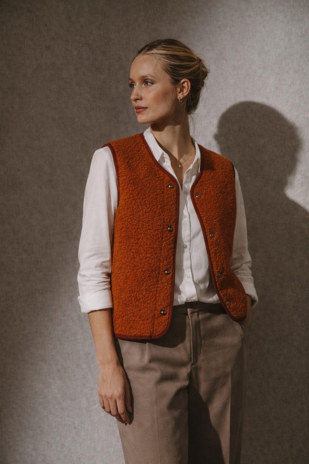 Boxy Snap Button Merino Wool Gilet HOPE - Burnt Orange - Image 3