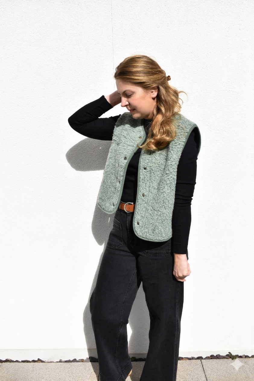 Boxy Snap Button Merino Wool Gilet HOPE – Olive Green - Image 2