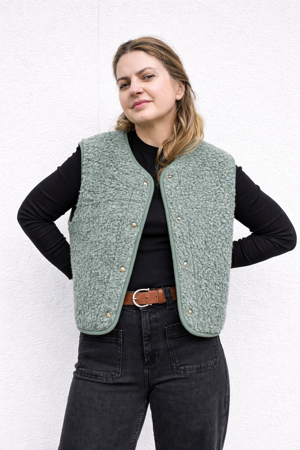 Boxy Snap Button Merino Wool Gilet HOPE – Olive Green