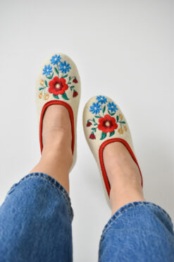 Wool Ballerina Slippers - Cream/ Red Trimming