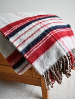 Alternative view of Pure Wool Blanket - Light Grey/ Navy/ Dark Red